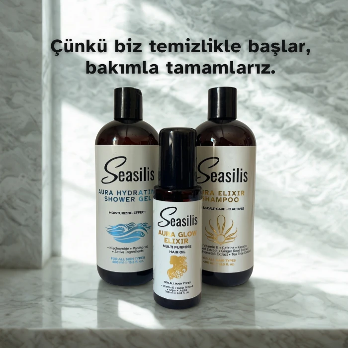Balance Pack – Aura Elixir Şampuan, Saç Bakım Yağı ve Aura Hydrating Duş Jeli (3’lü Set)
