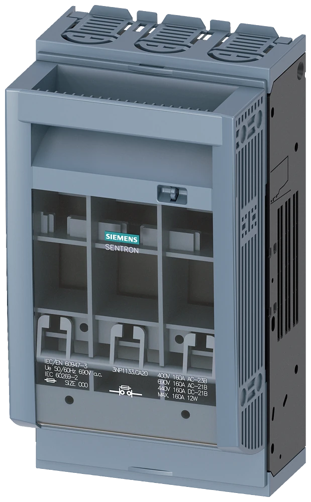 3NP1133-1CA20-SENTRON, Fuse switch disconnector 3NP1, 3-pole, NH00, 160 A, for assembly and installation on mounting plate, Box terminal, Cover level 45 mm
