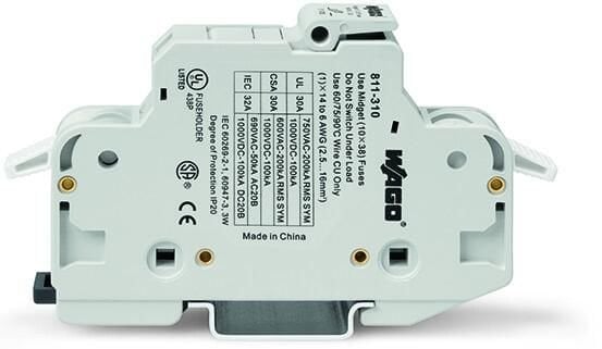 811-310-2-conductor fuse holder ; for cylindrical fuses 10 x 38 mm; 13/32" x 11/2"; 1-pole; without blown fuse indication; 750 VAC/ 1000 VDC; for DIN-rail 35 x 15 and 35 x 7.5; 16 mm²; CAGE CLAMP®; 16,00 mm²; light gray