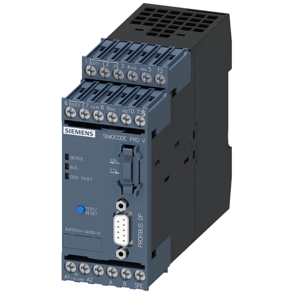 3UF7010-1AU00-0-Basic unit SIMOCODE pro V PB PROFIBUS DP interface 12 Mbit/s, RS 485, 4I/3O freely parameterizable, Us: 110...240 V AC/DC, input for thermistor connection Monostable relay outputs, expandable by extension modules