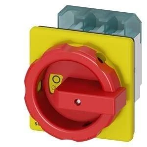 3LD2504-0TK53-SENTRON, Switch disconnector 3LD, emergency switching-off switch, 3- pole, Iu: 63 A, operating power / at AC-23 A 400 V: 22 kW, front-mounted, rotary operating mechanism, Red / yellow, 4-hole mounting of the handle