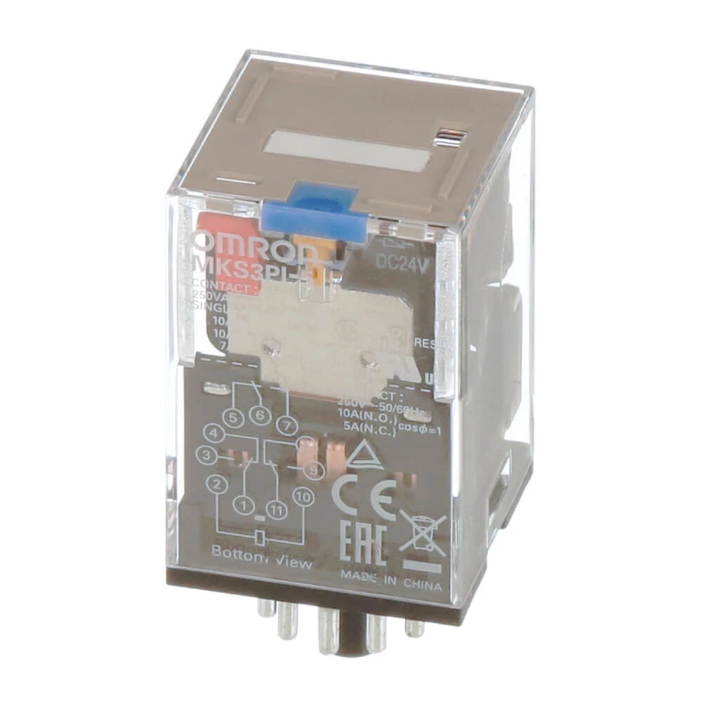MKS3PI-5-110VDC-Relay, plug-in, 11-pin, 3PDT, 10 A, mech indicator, test button