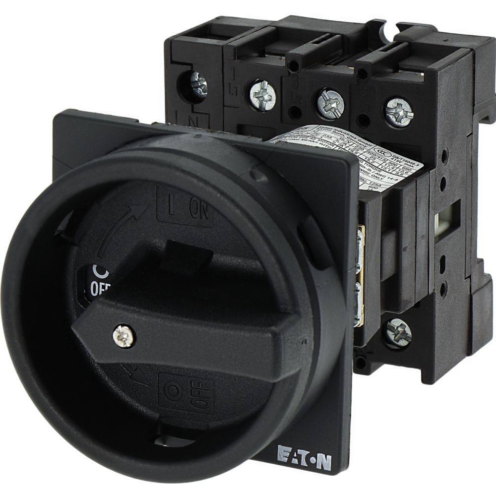 088706-P1 Main switch, P1, 25 A, rear mounting, 3 pole + N, STOP function, With black rotary handle and locking ring, Lockable in the 0 (Off) position