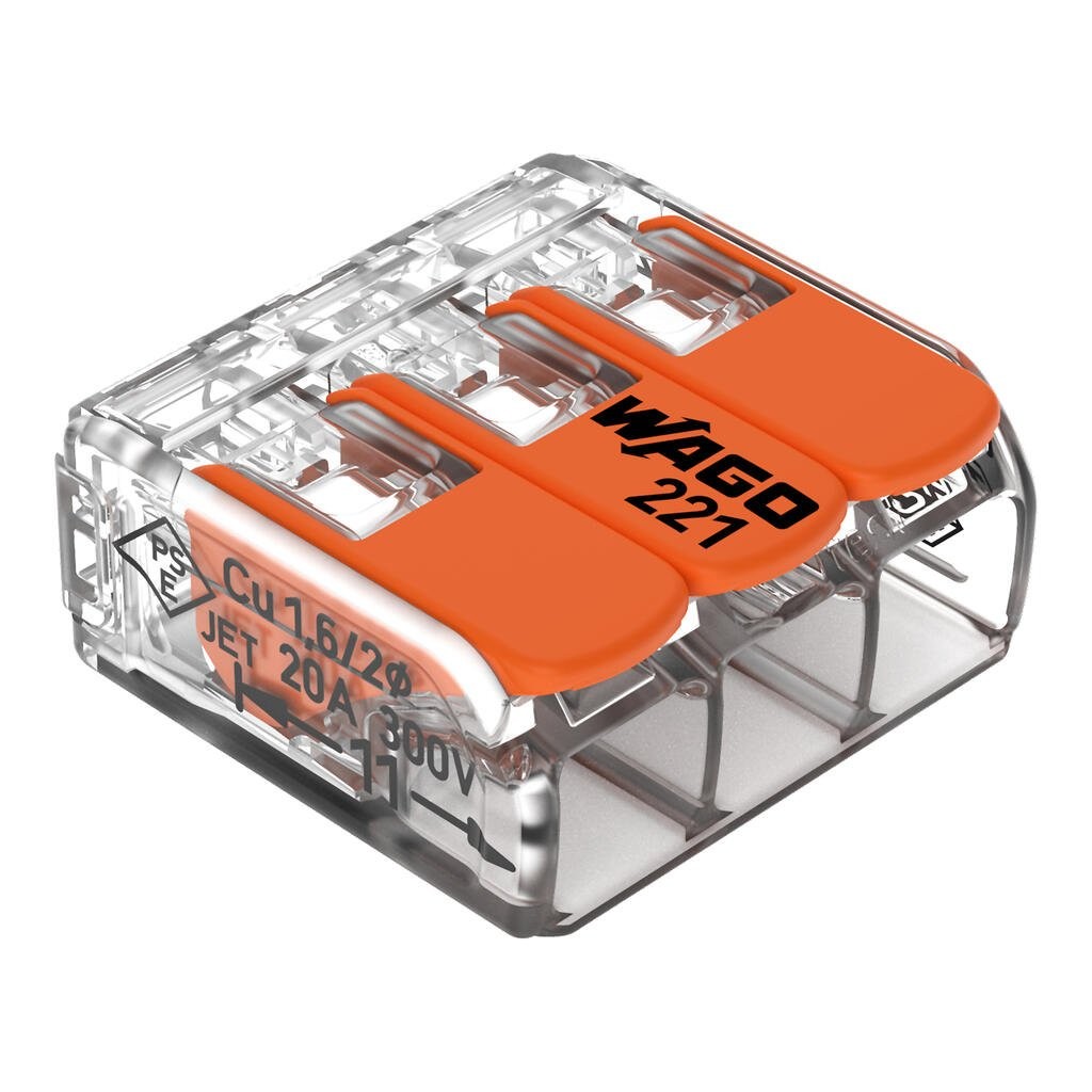 221-413-Splicing connector with levers; for all conductor types; max. 4 mm²; 3-conductor; with levers; transparent housing; Surrounding air temperature: max 85°C (T85); 4,00 mm²; transparent