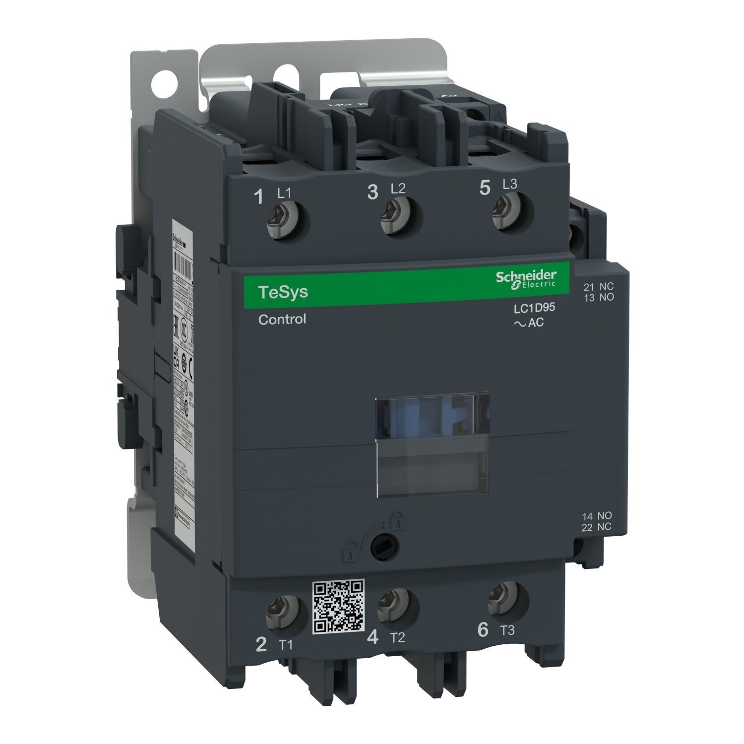 LC1D95Q7-IEC contactor, TeSys Deca, nonreversing, 95A, 60HP at 480VAC, 3 phase, 3 pole, 3 NO, 380VAC 50/60Hz coil, open style