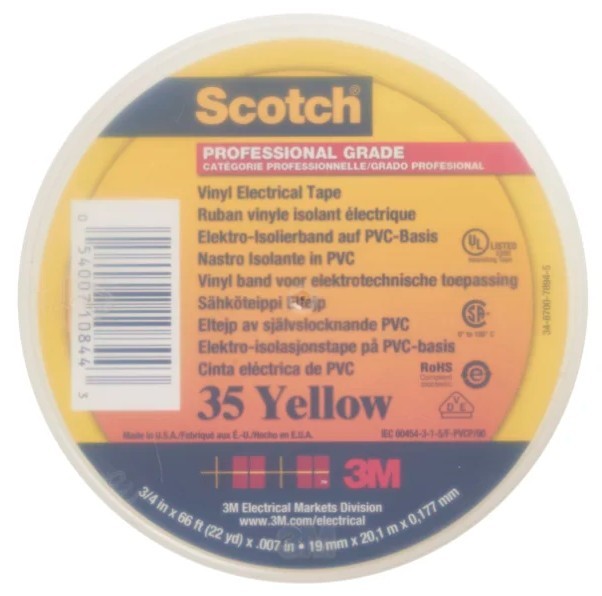 7100148023-3M Scotch 35 Yellow PVC Electrical Tape, 19mm x 20m