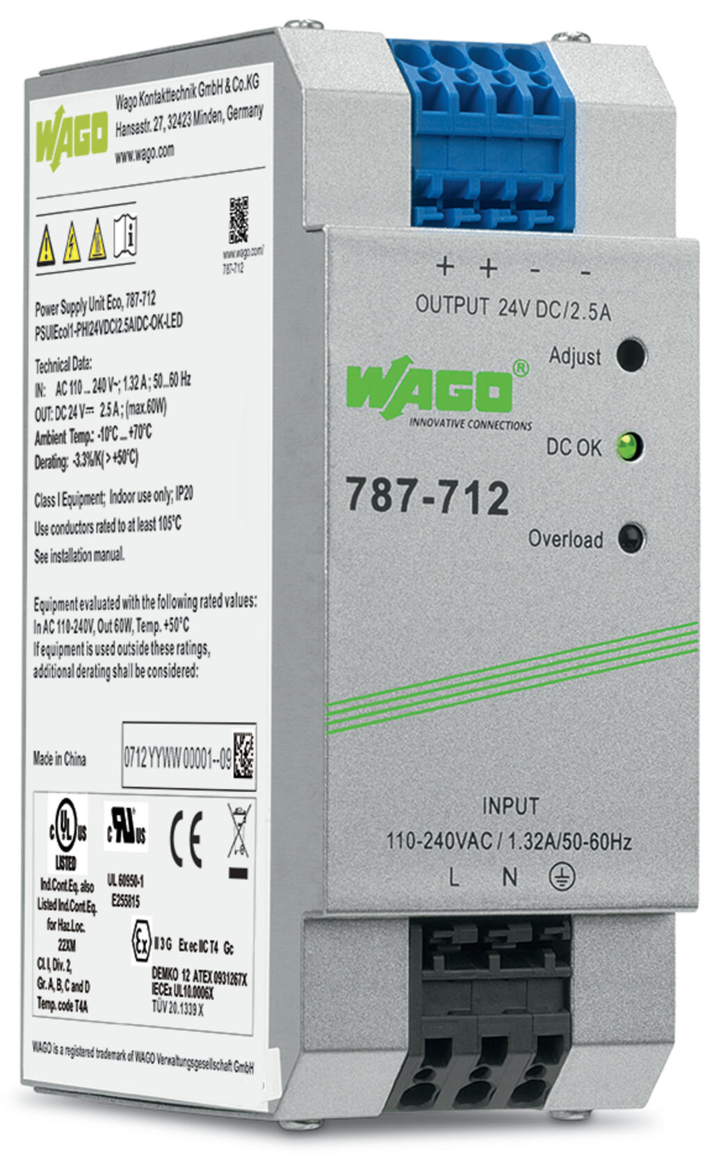 787-712-Power supply; Eco; 1-phase; 24 VDC output voltage; 2.5 A output current; DC-OK LED; 4,00 mm²