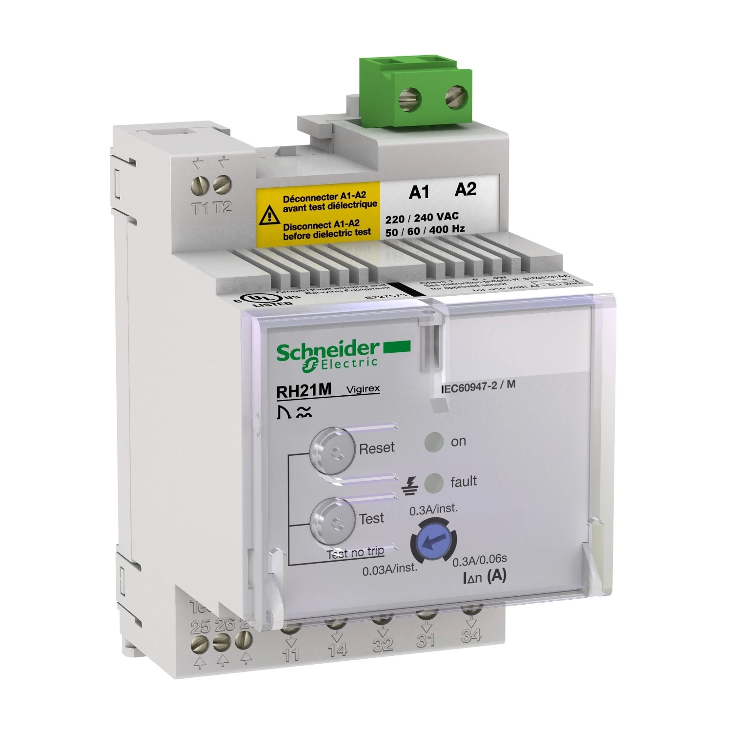 56160-Residual current protection relay, VigiPacT RH21M, 30mA or 300mA, 12/24VAC 50/60Hz, 12/48VDC, DIN rail mounting