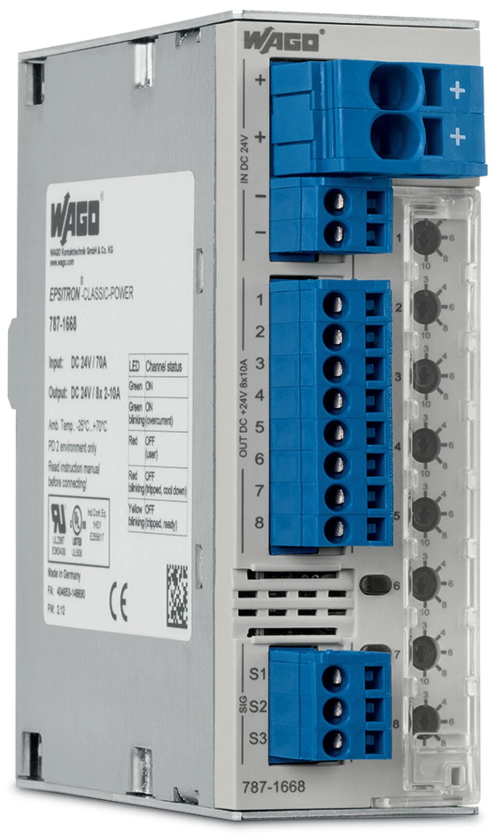 787-1668/006-1054-Electronic circuit breaker; 8-channel; 24 VDC input voltage; adjustable 0.5 … 6 A; active current limitation; Signal contact; Specialty configuration