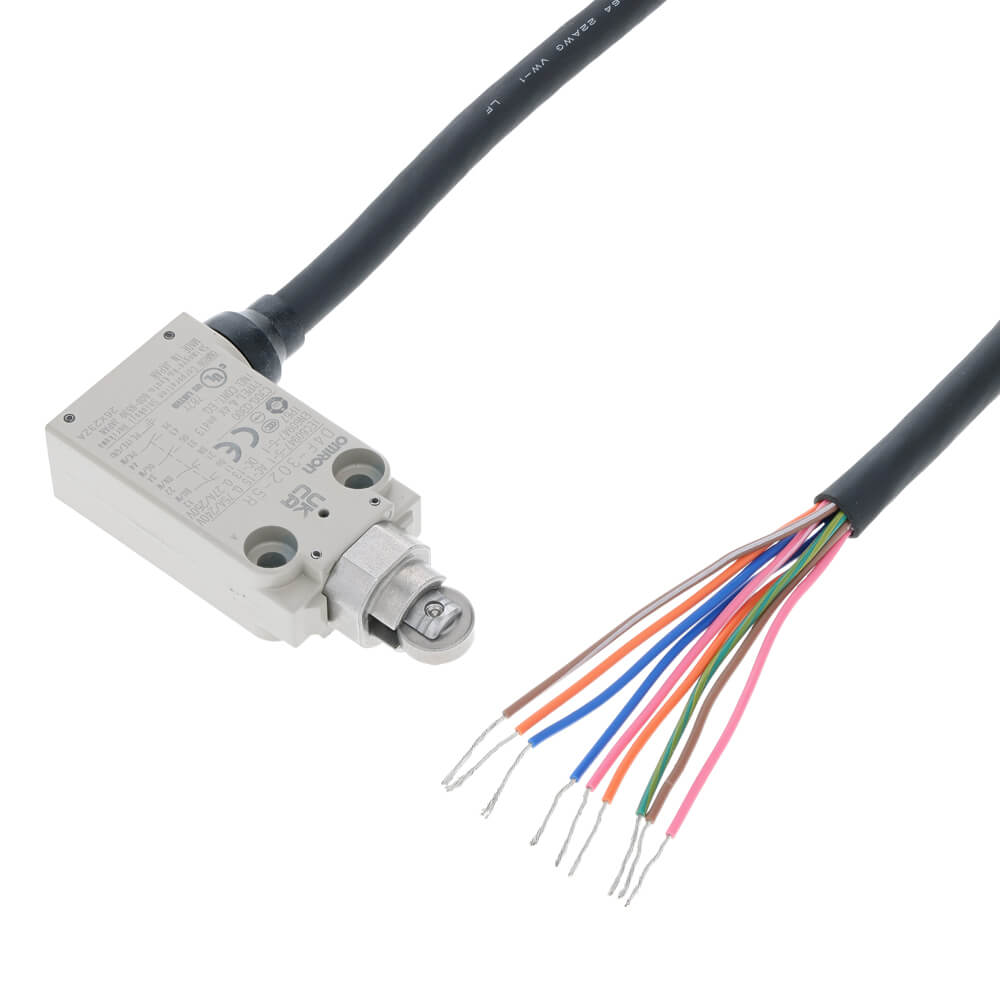 D4F-302-5R-Small Safety Limit Switch, 2NC/2NO slow-action, roller plunger, 5 m cable, horizontal cable exit