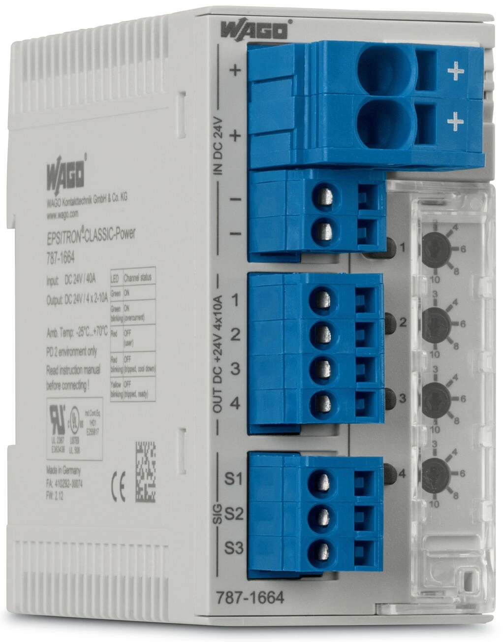 787-1664/006-1000-Electronic circuit breaker; 4-channel; 24 VDC input voltage; adjustable 0.5 … 6 A; active current limitation; communication capability