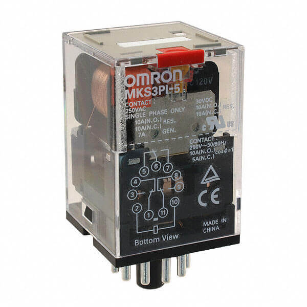 MKS3PI-5-230VAC-Relay, plug-in, 11-pin, 3PDT, 10 A, mech indicator, test button