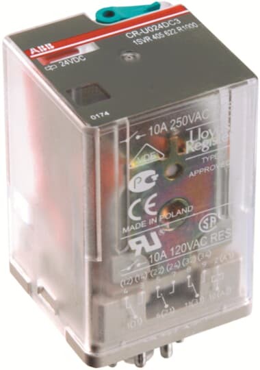 1SVR405622R0000CR-U024AC3 Pluggable interface relay 3c/o, A1-A2=24VAC, 250V/10A