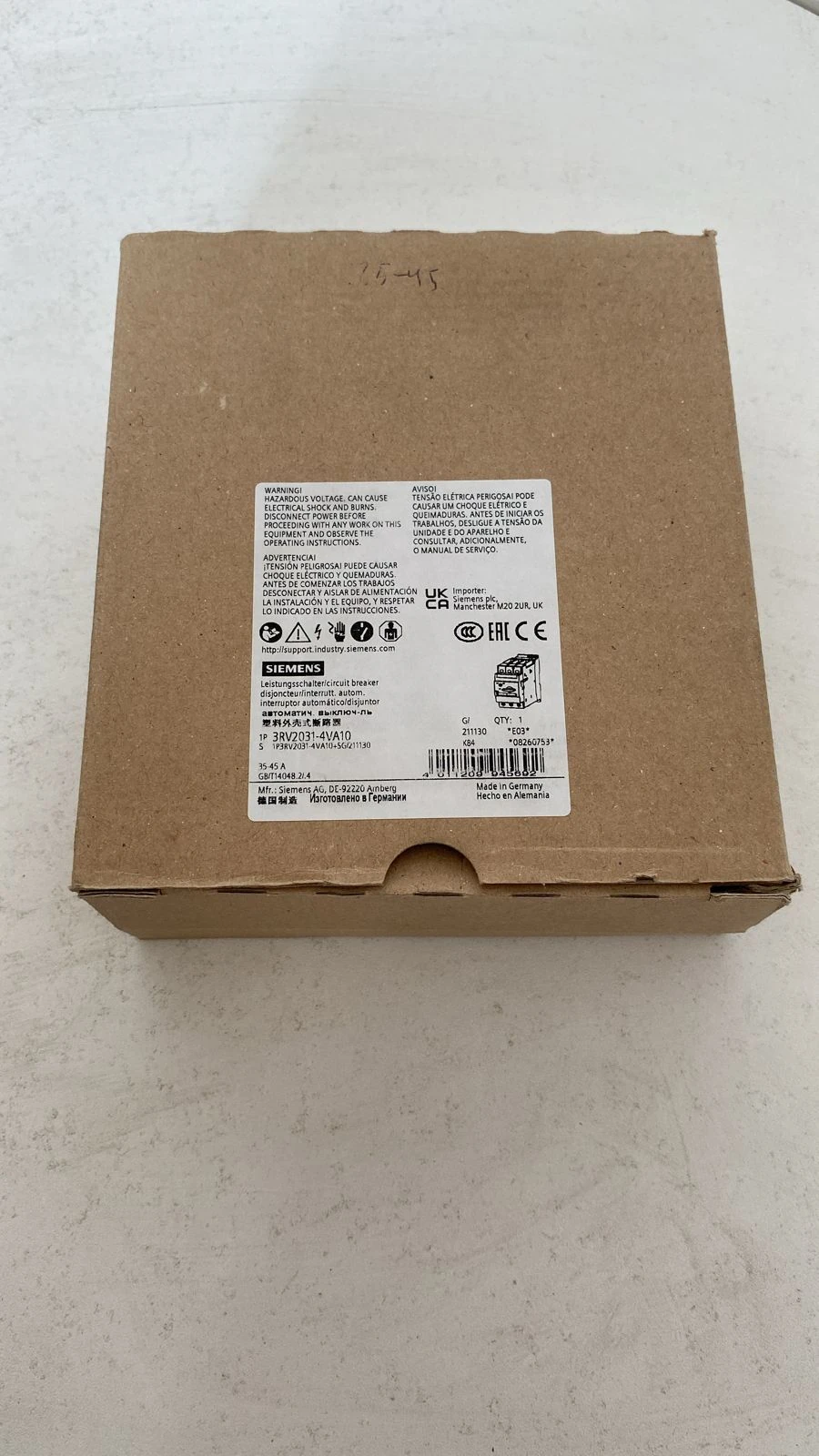 3RV2031-4VA10-Circuit breaker size S2 for motor protection, CLASS 10 A-release 35...45 A N-release 650 A screw terminal Standard switching capacity