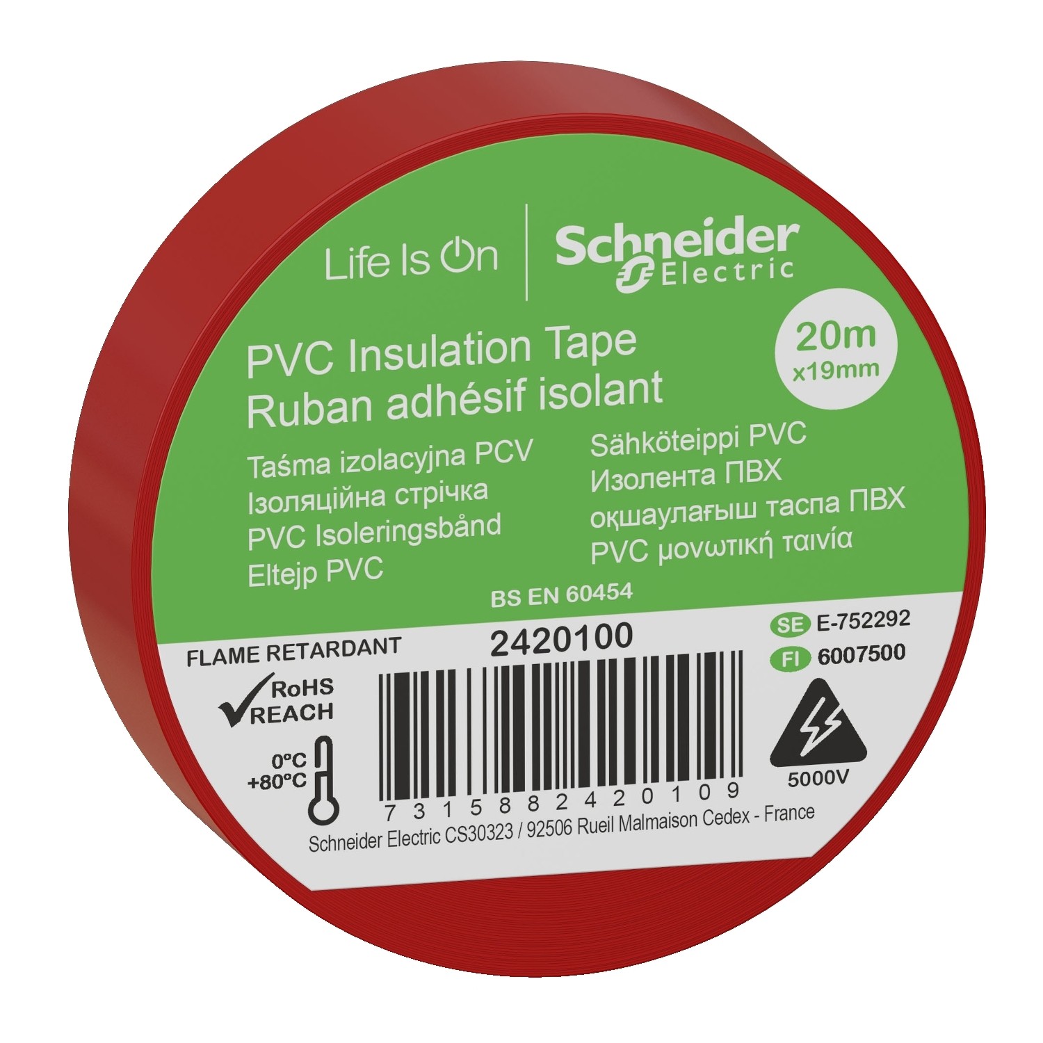 2420100 - PVC INS TAPE 19MMX20M RED