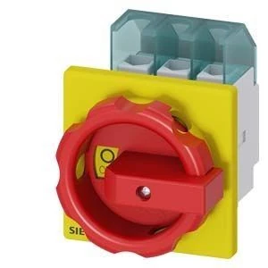 3LD2103-0TK53-SENTRON, Switch disconnector 3LD, emergency switching-off switch, 3- pole, Iu: 25 A, operating power / at AC-23 A 400 V: 9.5 kW, front-mounted, rotary operating mechanism, Red / yellow, 4-hole mounting of the handle