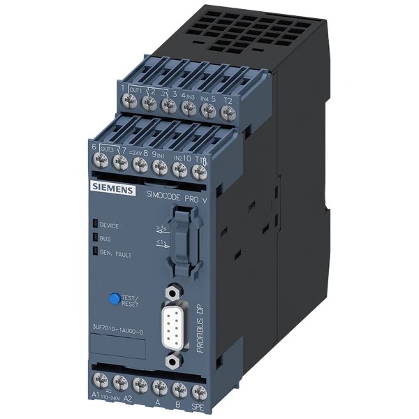 3UF7010-1AU00-0-Basic unit SIMOCODE pro V PB PROFIBUS DP interface 12 Mbit/s, RS 485, 4I/3O freely parameterizable, Us: 110...240 V AC/DC, input for thermistor connection Monostable relay outputs, expandable by extension modules