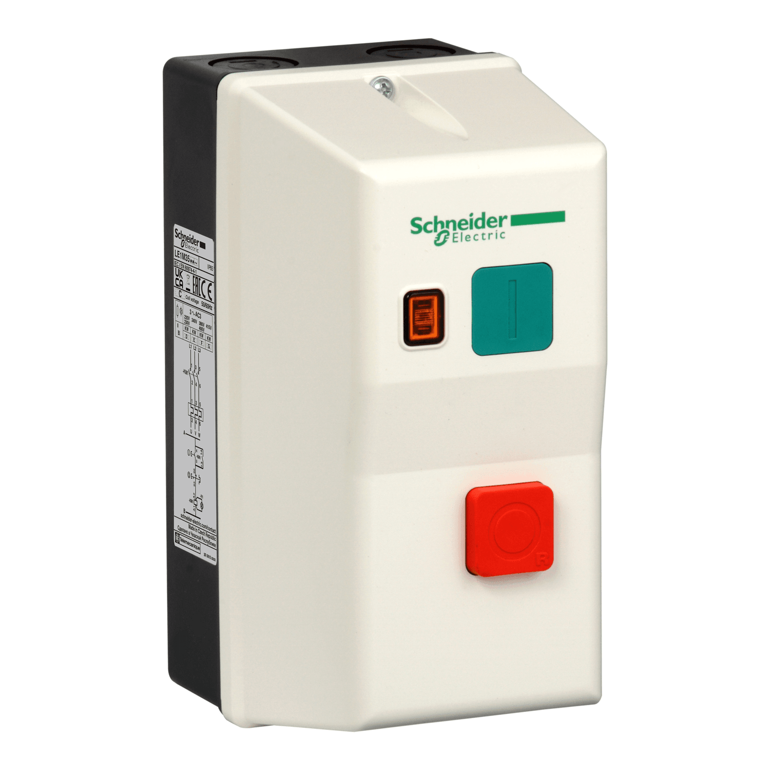 LE1M35M721-Enclosed DOL starter,TeSys LE,10-14A,220V AC coil,including 1 LC1K,LR2K,2 pushbuttons,yellow indicator