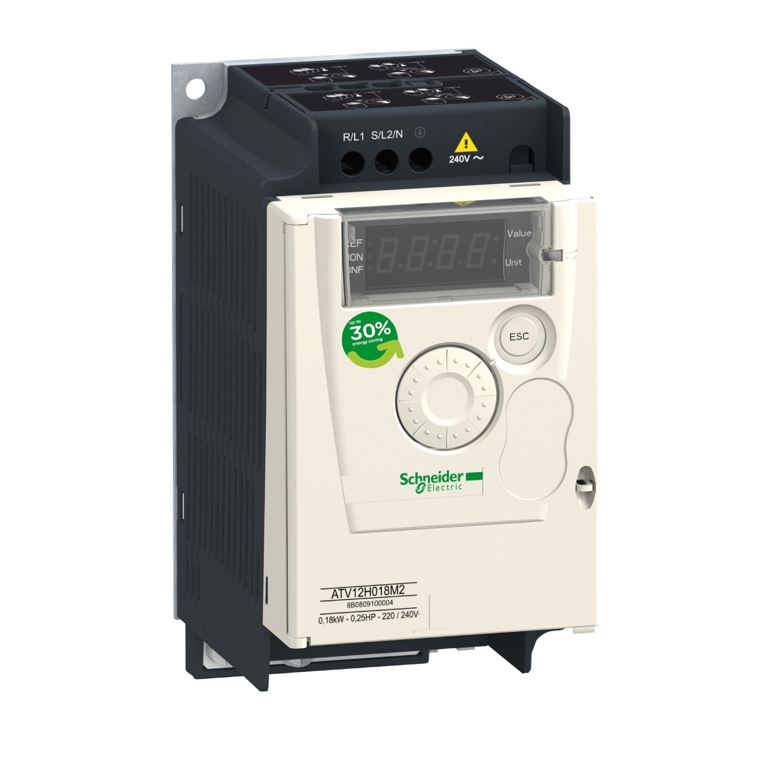 ATV12H037M2-variable speed drive, Altivar 12, 0.37kW, 0.55hp, 200 to 240V, 1 phase, with heat sink