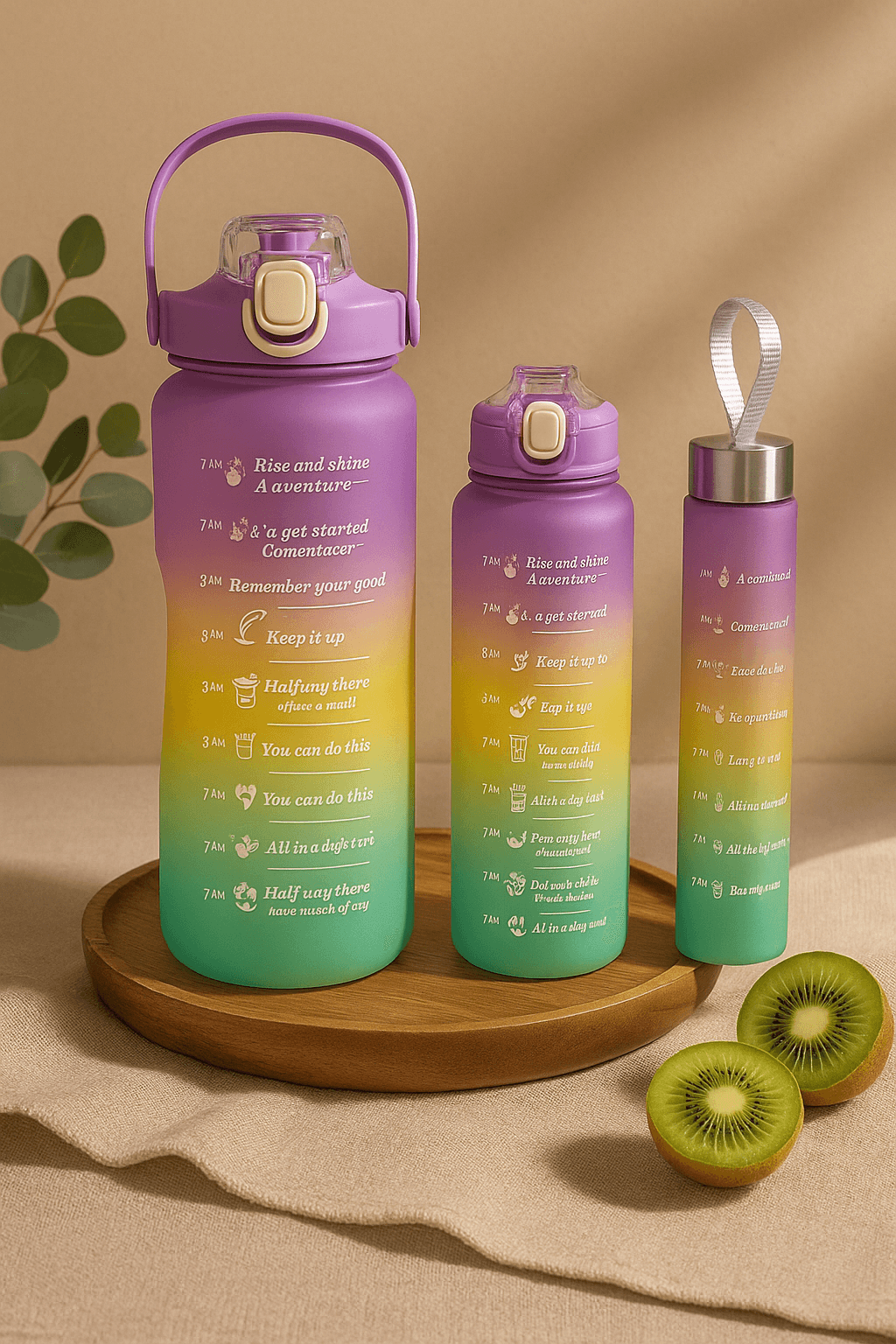 3'lü Set Su Matarası – 2L + 900ml + 500ml Tritan Spor Suluk – Zaman Çizelgeli & Kilitli Kapaklı