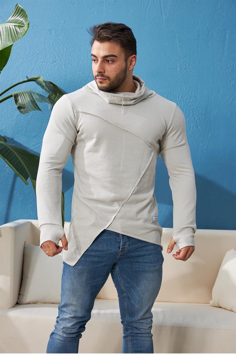 Parçalı Parmak Geçmeli Slim Fit Sweatshirt - Gri