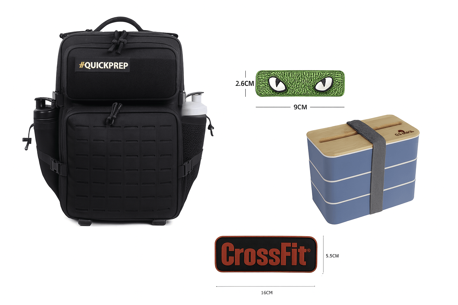 QuickPrep 45L Siyah Taktik Sırt Çantası İthal + Bento Yemek Kabı + CrossFit Patch + Glow Kedi Göz Yaması – Outdoor & Spor Seti