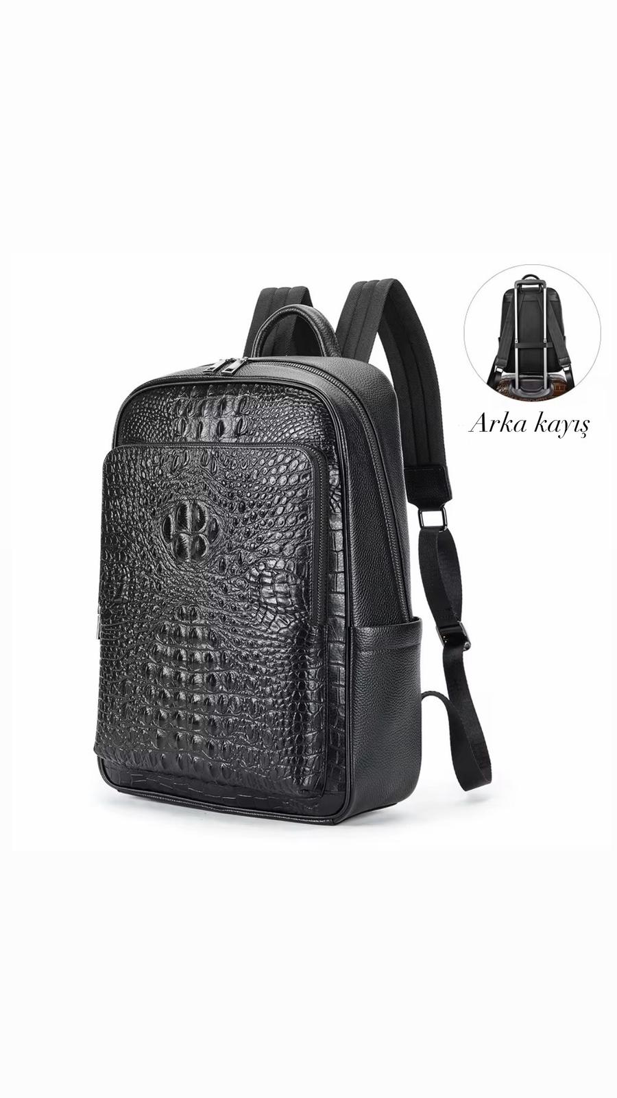 Erkek Siyah Timsah Derisi Desenli Laptop Sırt Çantası – 15.6 inç, Şık Deri Görünümlü, Günlük & İş