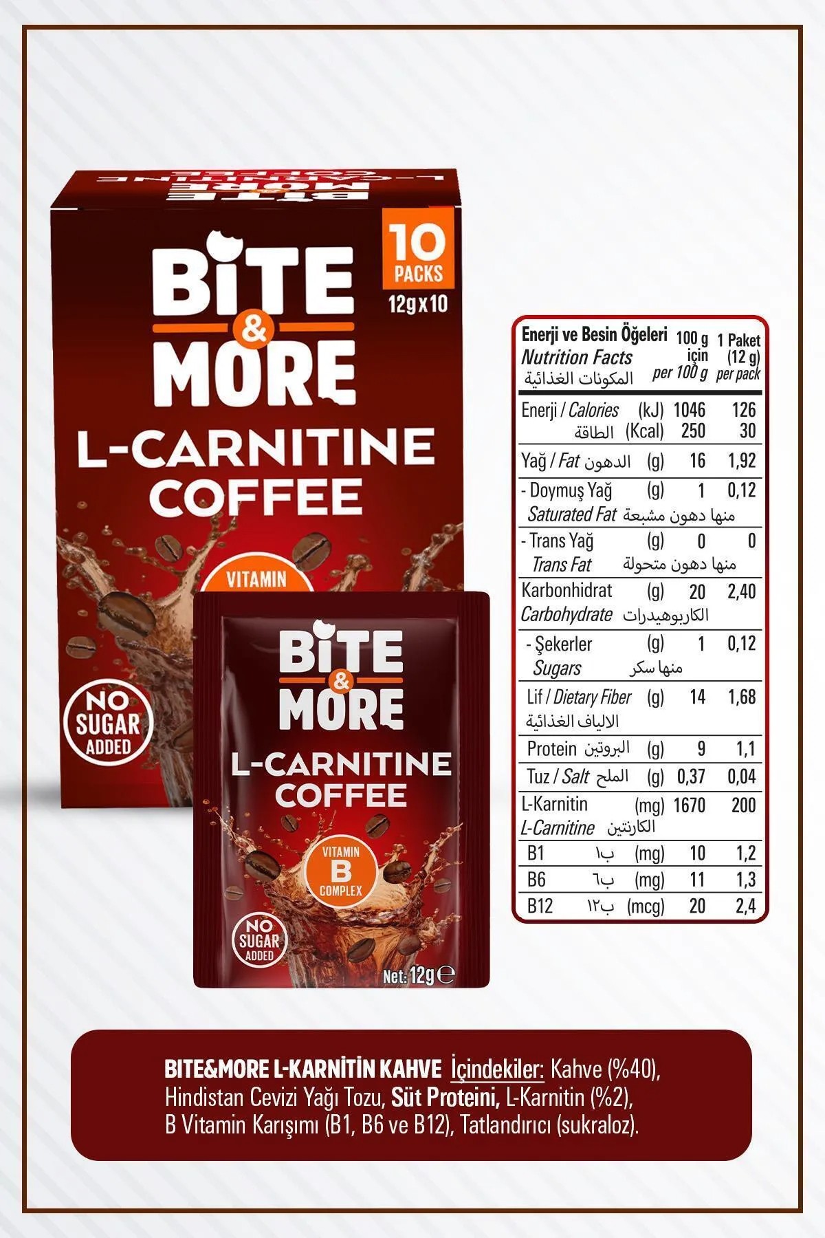 Bite & More L-Carnitine Coffee 12 GR - Şekersiz - 10 Adet