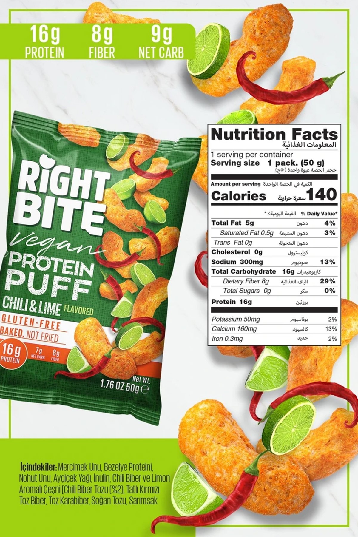 Bite & More Proteinli Vegan Cips 50 GR - Chili & Lime - 12 Adet