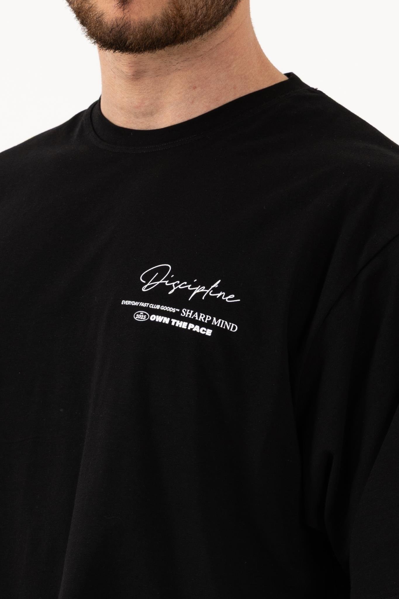 Oversize Siyah T-Shirt – Erkek Günlük Rahat Kalıp (Discipline Baskılı)