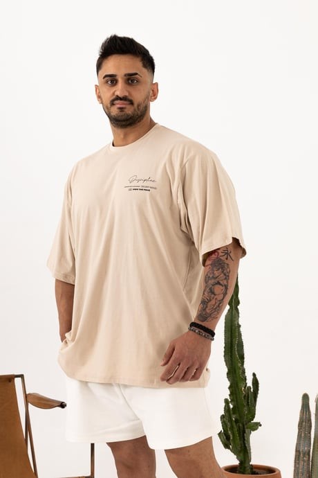 Oversize Bej T-Shirt – Erkek Rahat Kalıp Günlük Giyim (Discipline Baskılı)