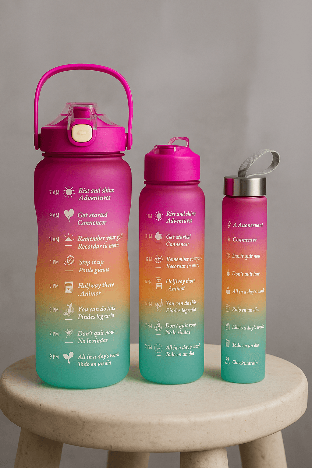 3’lü Motivasyonlu Su Matarası Seti – 2L + 900ml + 500ml – Zaman Çizelgeli Tritan Suluk – Spor & Günlük Kullanım İçin Mor