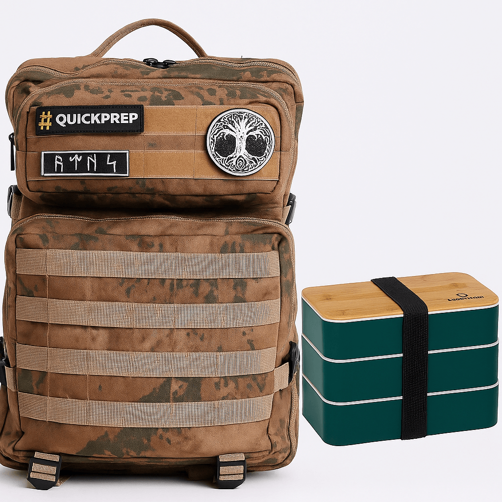 QuickPrep 45L Kamuflaj Taktik Sırt Çantası + 3 Katlı Yeşil Yemek Kabı Seti – Outdoor Kamp, Okul ve Spor Kullanımına Uygun