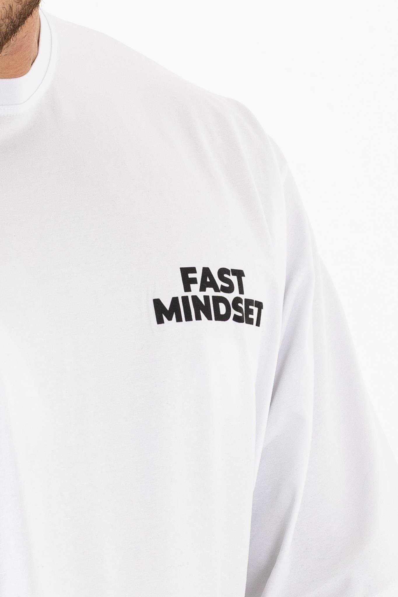 Fast Mindset Baskılı Oversize Beyaz T-Shirt – Erkek Günlük Spor Stil