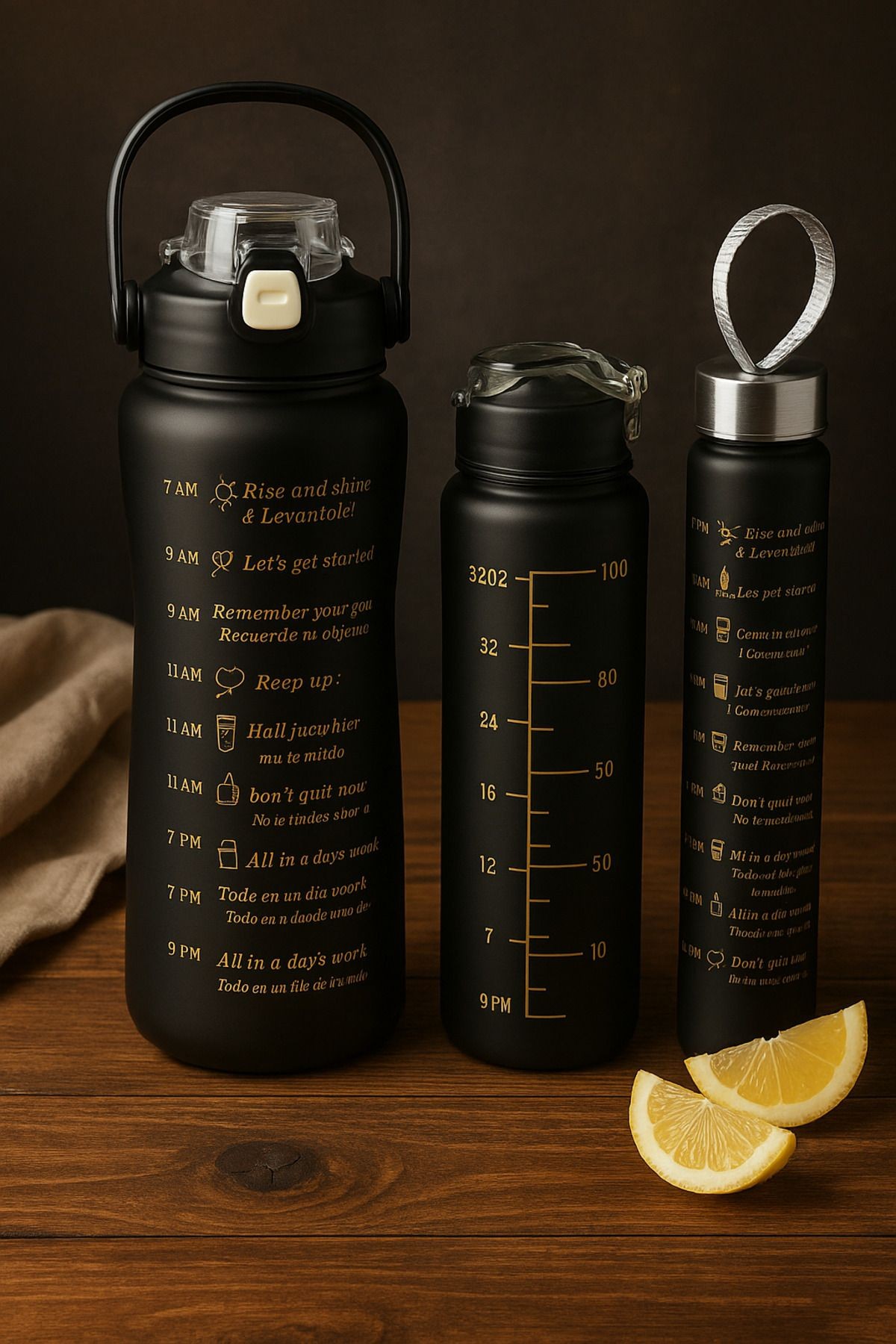 PAPATYALI Motivasyonel 3 lü Set Su Matarası 2 lt+900 ml+500 ml Tritan Spor Salonu Suluk