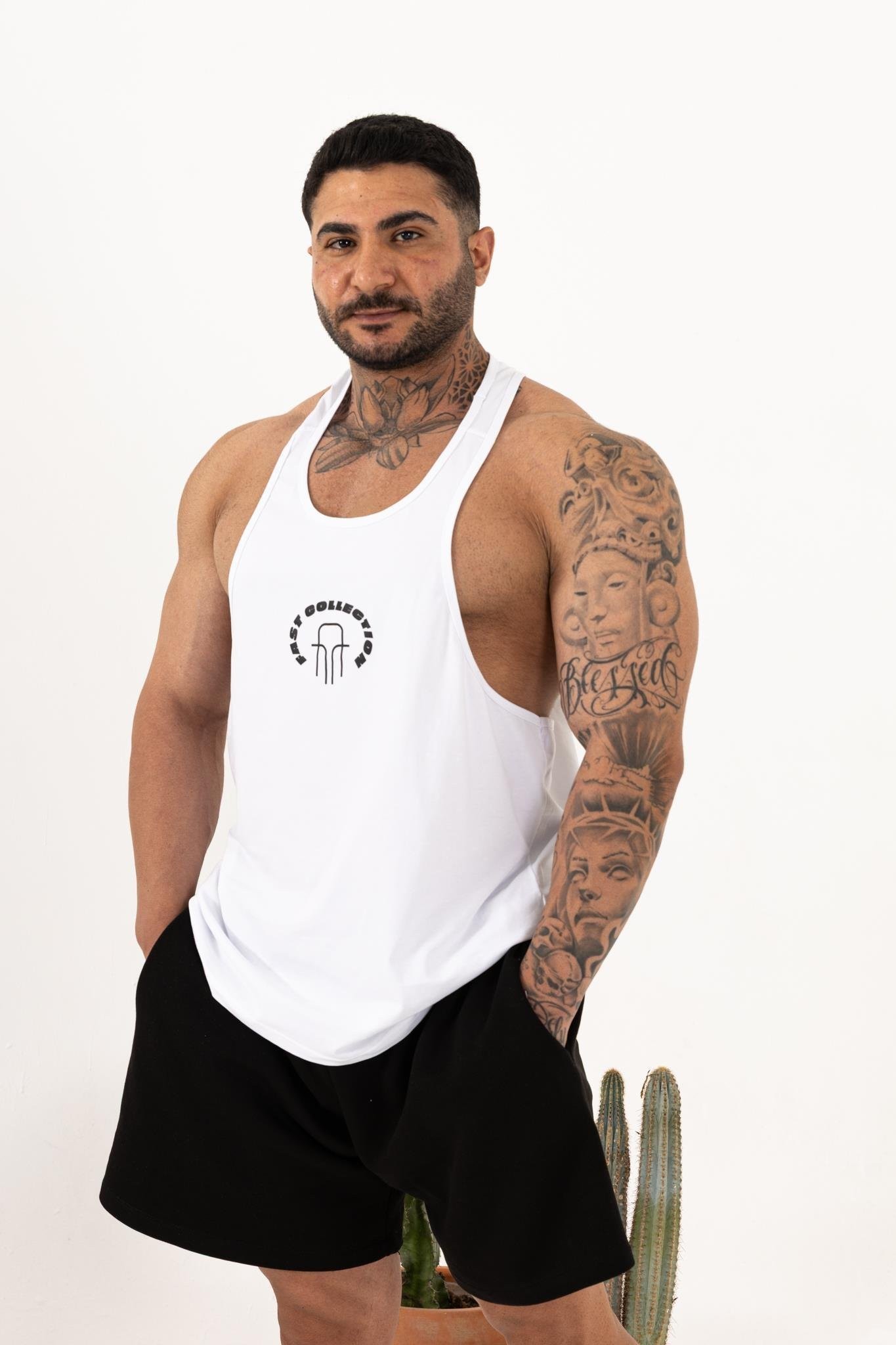 Erkek Beyaz Oversize Atlet – Fast Collection Logo Baskılı Sporcu Kesim