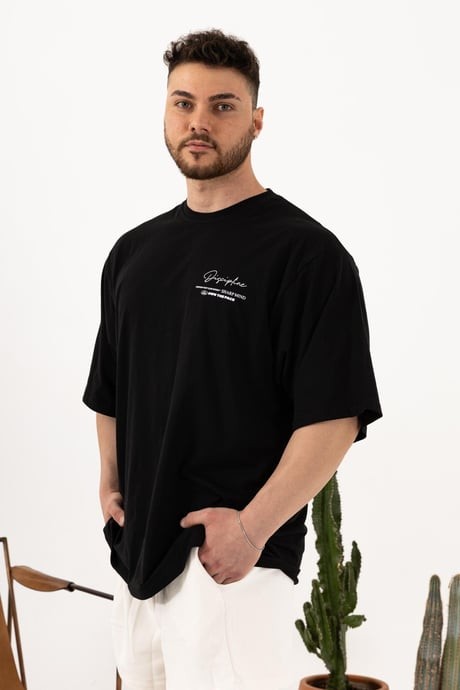 Oversize Siyah T-Shirt – Erkek Günlük Rahat Kalıp (Discipline Baskılı)