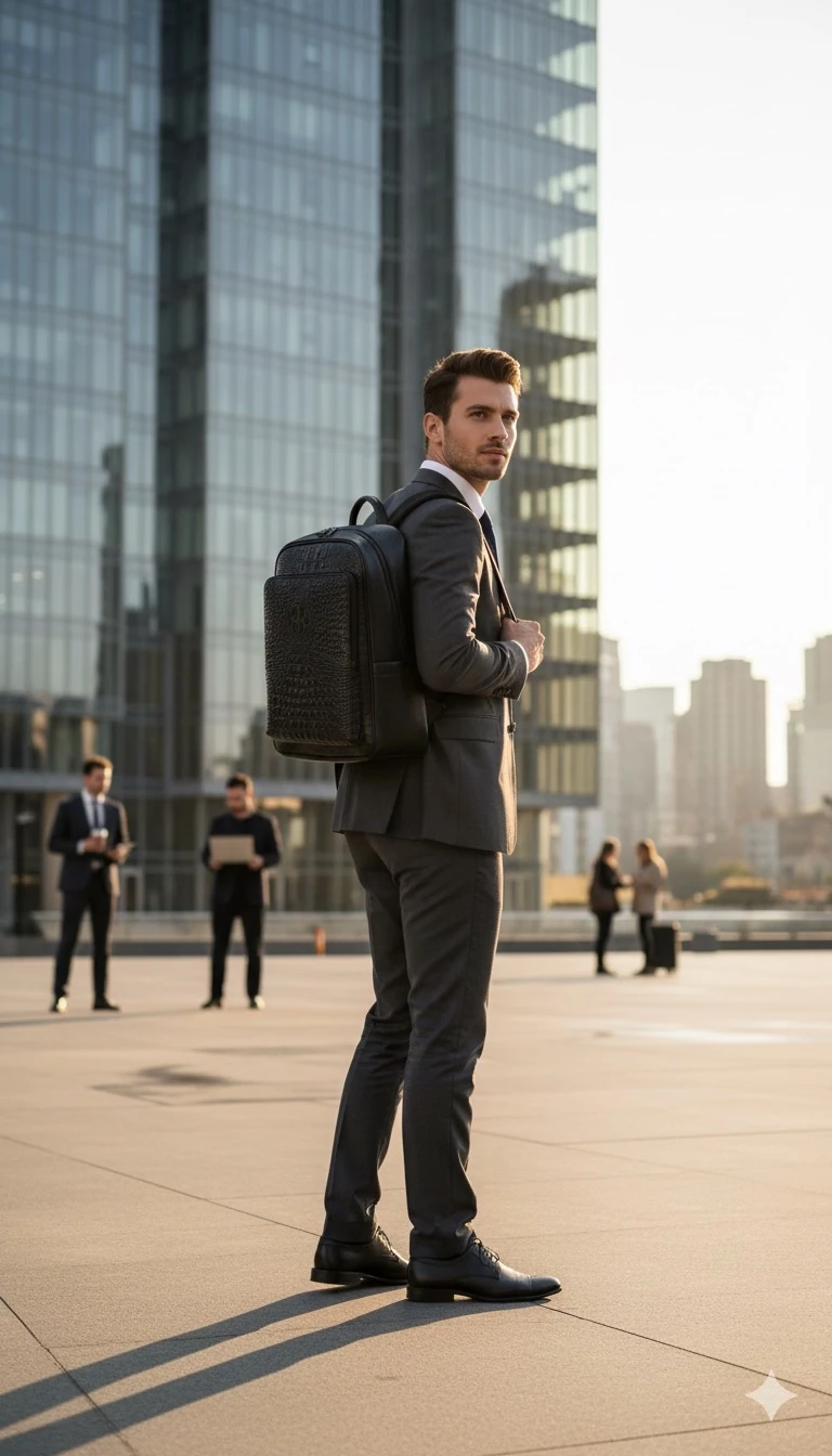 Erkek Siyah Timsah Derisi Desenli Laptop Sırt Çantası – 15.6 inç, Şık Deri Görünümlü, Günlük & İş