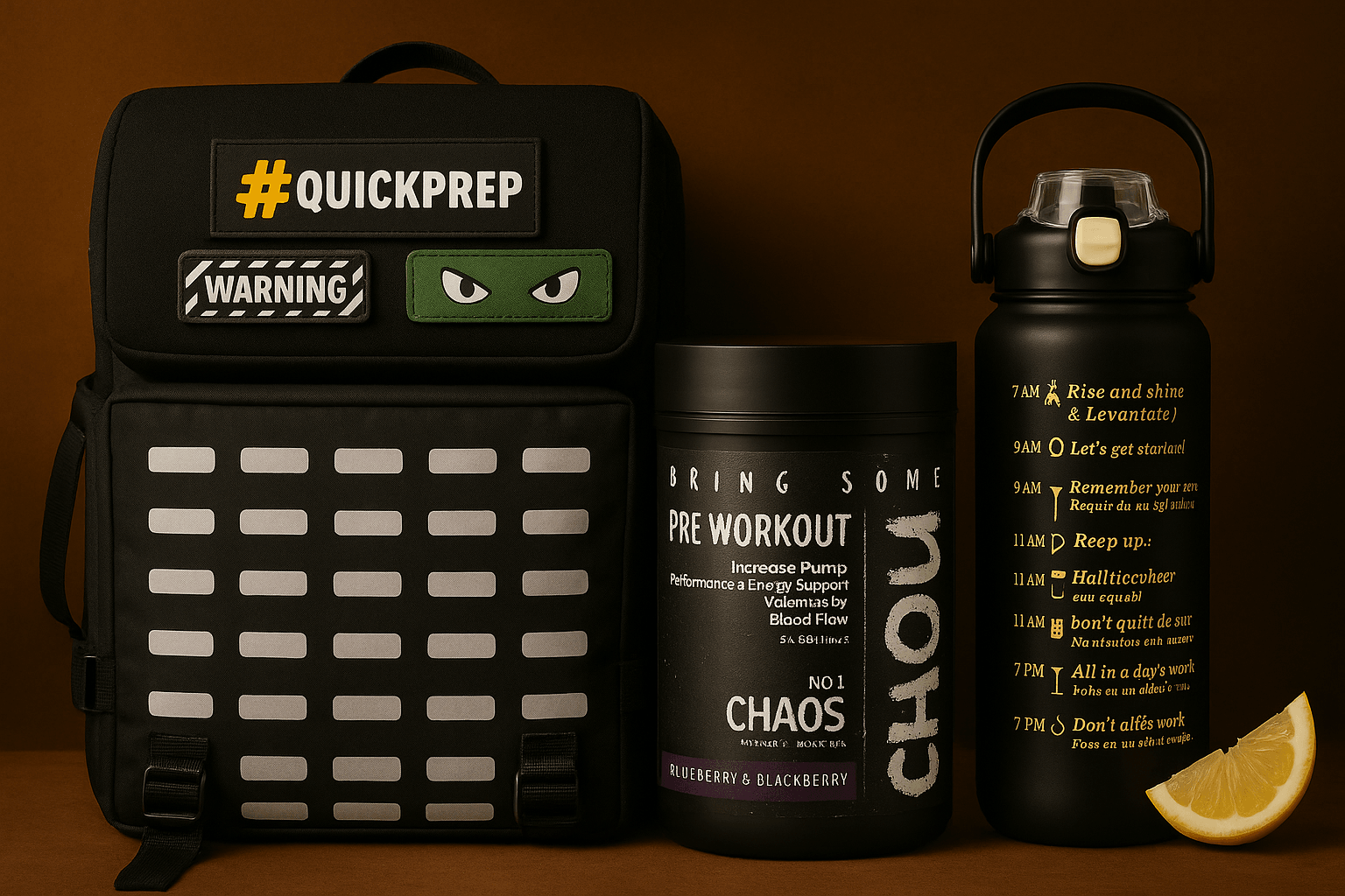 QuickPrep Premium Sırt Çantası + Pre Workout Tozu + Motivasyonlu Su Matarası | Sporcu Seti – Dayanıklı & Şık Tasarım