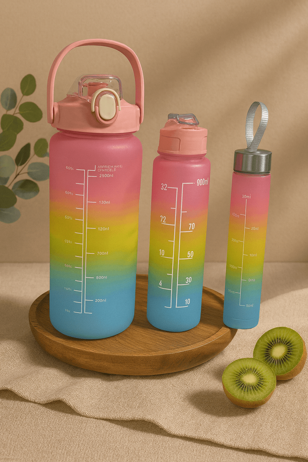 3’lü Ölçekli Su Matarası Seti – 2.5L + 900ml + 500ml – Tritan Renkli Spor Suluk – Sızdırmaz Kapaklı Pembe