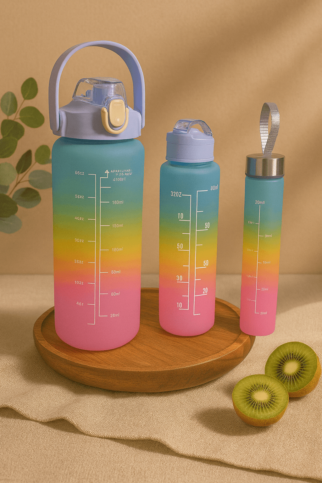 3’lü Su Matarası Seti – 2L + 1L + 500ml – Ölçekli Tritan Spor Suluk – Renkli & Sızdırmaz Kapaklı Mavi-Turkuaz