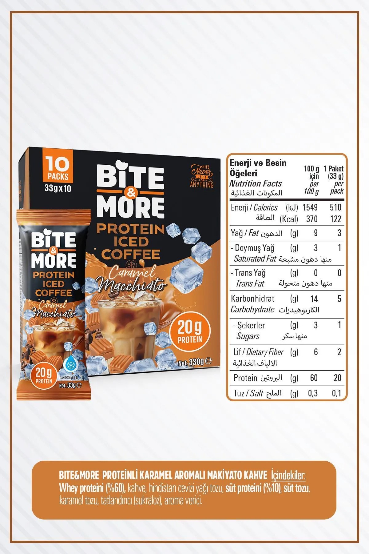 Bite & More Protein Iced Coffee 33 GR - Caramel Macchiato - 10 Adet