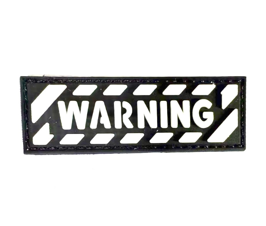 WARNING Yazılı Siyah Beyaz 3x9 cm PVC Patch – Çanta, Mont, Şapka İçin Uygun