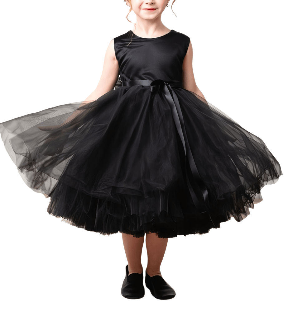 Kız Çocuk Siyah Sade Şık Saten Abiye Mezuniyet Doğum Günü Elbise Çiçek Kız Elbise