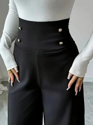 Kadın yüksek bel düğmeli geniş paçalı ithal krep pantolon
