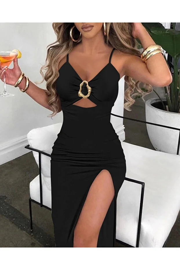 Kadın Ip Askılı Toka Detaylı Yırtmaçlı Janjan Krep Elbise