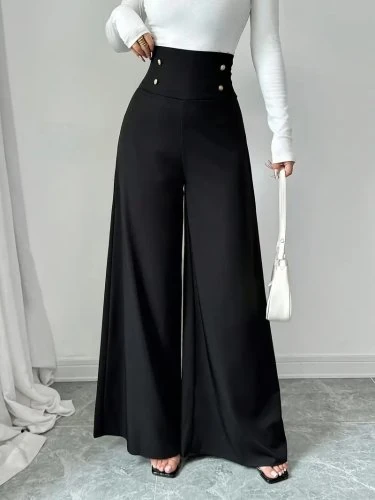 Kadın yüksek bel düğmeli geniş paçalı ithal krep pantolon