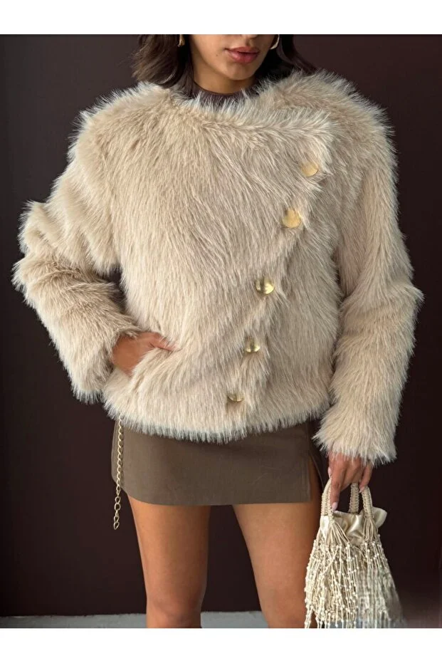 Düğme Detaylı Uzun Kollu Suni Kürk Ceket