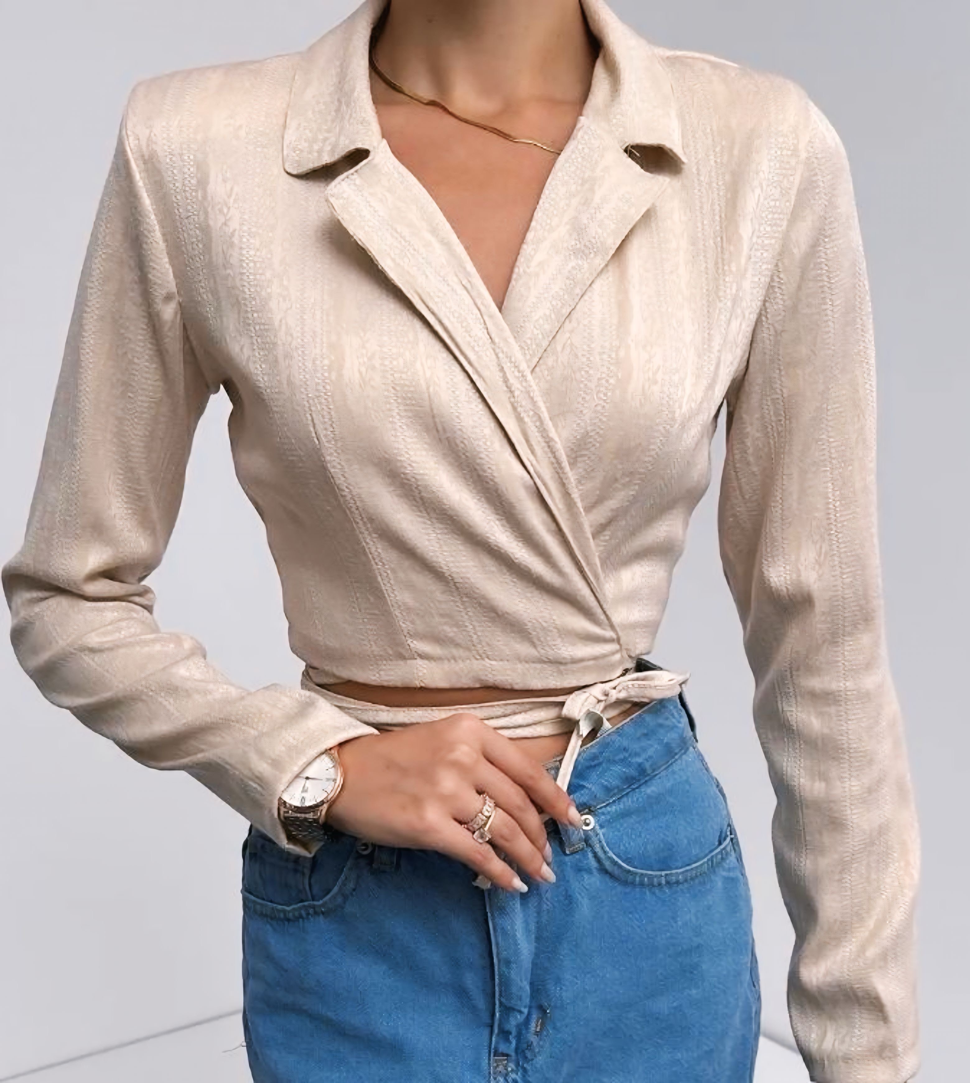 Gömlek Yaka Beli Bağlamalı Crop Bluz