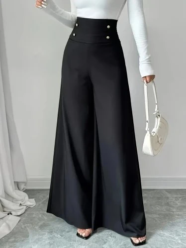 Kadın yüksek bel düğmeli geniş paçalı ithal krep pantolon